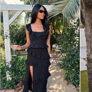 Show Me Your Mumu Greta Dress in Black Size Large Stretch Midi Ruffle Bridal